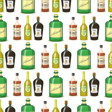 Alcohol strong drinks in bottles cartoon glasses seamless pattern background whiskey cognac brandy wine vector illustration