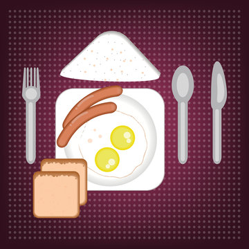Classic Breakfast with Sausages, Fried Eggs and Bread.