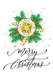 Merry Christmas calligraphy hand drawn text for greeting card background template. Vector Christmas tree holly wreath decoration, red gift and golden confetti ribbon on premium white design