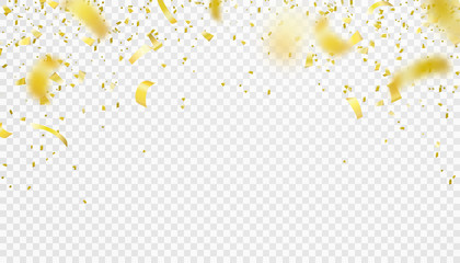 Falling confetti isolated border background. Shiny gold flying tinsel for party - obrazy, fototapety, plakaty