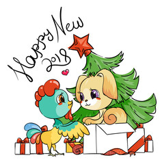 Funny cartoon card with dog and rooster. Symbols of 2017 and 2018. Happy New Year illustration