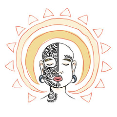 Meditation head with sun aura. Mask decorative composition.