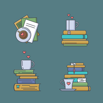 Set of colored icons for book fans. Book stacks, coffee or tea mugs and paper cups. Heart elements as steam, tea tag or cookie. I love to read concept. Vector isolated, linear style.