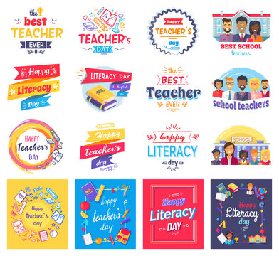 Literacy and Teachers Day Isolated Stickers Set