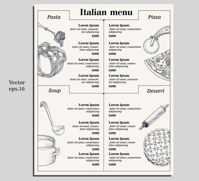 Italian food menu of different pasta, pizza, soup and dessetrt. Design template for gourmet retaurant. Italian menu restaurant pasta, pizza, soup and dessetrt. Vector hand drawn vintage illustration