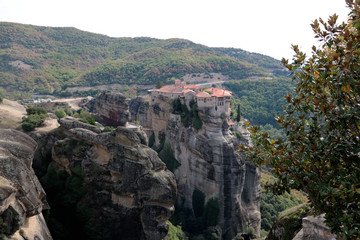 Panoramic view of Holy Monastery of Varlaam placed on the edge of high rock, Kastraki, Greece