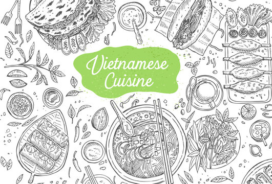Hand drawn top view traditional Vietnamese food, Vector Illustration