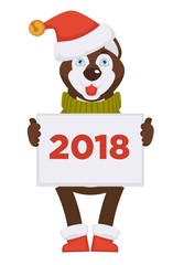 Husky dog in Christmas hat holds placard with 2018 sign