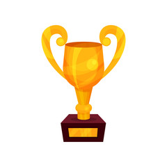 Gold trophy cup, golden first place prize cartoon vector Illustration