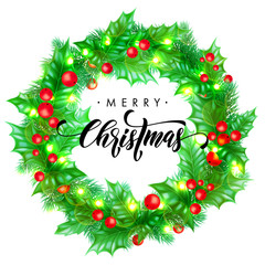 Merry Christmas holiday hand drawn quote calligraphy greeting card background template. Vector Christmas tree or holly wreath decoration, golden garland of New Year lights on white premium design