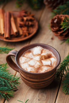 Hot cocoa with marshmallows and cinnamon on rustic wooden table.