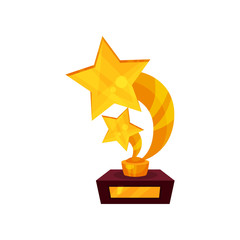 Two starrs gold award a pedestal, golden first place prize cartoon vector Illustration