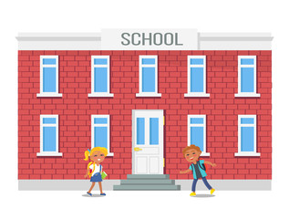 Boy and Girl with Backpacks Running into School