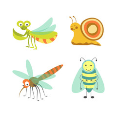 Funny insects with cheerful faces isolated illustrations set