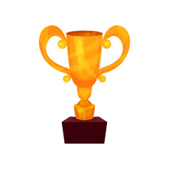 Winner cup on a pedestal, golden first place prize cartoon vector Illustration