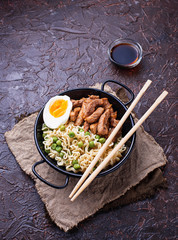 Ramen noodles with meat, vegetables and egg