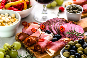 Cold meat selection, jamón and salami, authentic traditional spanish tapas bar, food platter