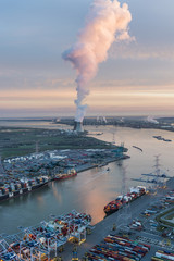 Aerial image of sunrise at nuclear power plant of Doel, Engie Electrabel at Port of Antwerp