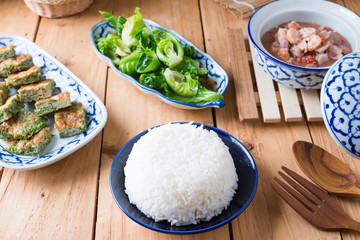 Thai food, Stir fried Cabbage  with Oyster sauce , Acacia Pennata Omelette and Shrimp-paste sauce