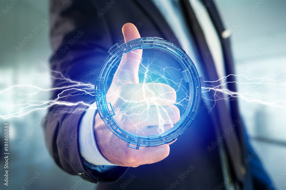 Poster thunder lighting bolt in a science fiction wheel interface - 3d rendering