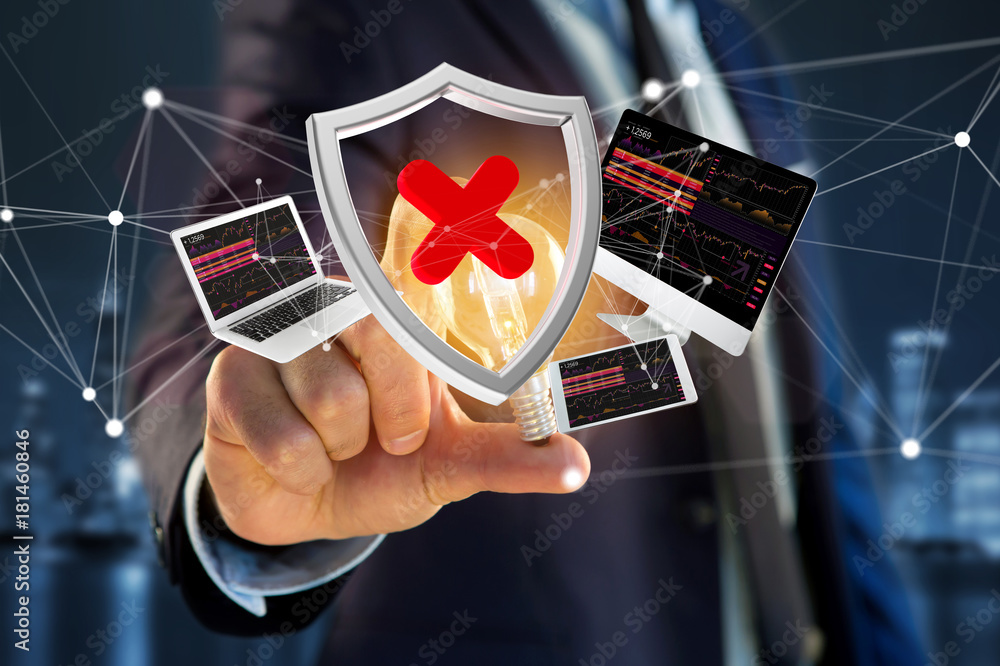 Poster hacked shield symbol surrounded by devices and network displayed on a futuristic interface