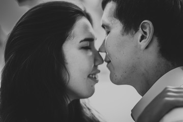 Black and white photo beautiful young couple in the park