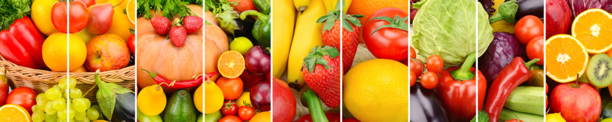 Panoramic collection fresh fruits and vegetables background. Wide photo .