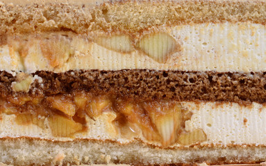 Background of delicious layers of cake with banana, macro view