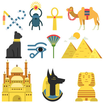Egypt collection set with traditional symbols of country, signs of ancient Egypt, traditional Egyptian culture vector Illustration