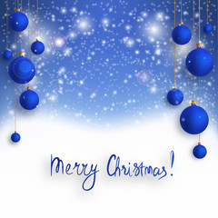 Christmas background with Blue christmas balls and snow for xmas design. New Year background
