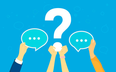 Big question concept vector illustration of texting to live chat, asking for help via internet. Flat human hands hold question symbol and speech bubbles as answers and support on blue background