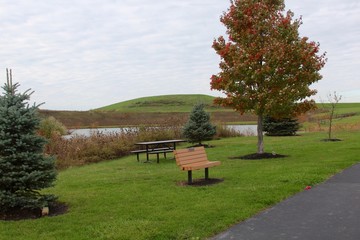 The empty park bench at the park on a cloudy autumn day.