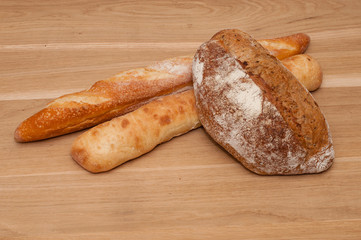 Black bread, ciabatta and French loaf