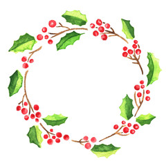 Watercolor Christmas wreath of holly with red berries