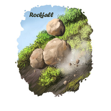 Rockfall digital art illustration of natural disaster. Falling down stones from mountain, blockage of road, rocks obstruction, landslide concept, extreme tumble, geology earthquake artwork picture