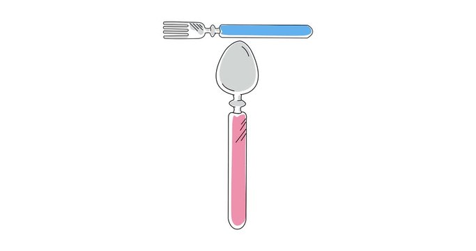 Alphabet kitchen Abc English letter T with hand drawn Fork Spoon Knife on white background. Animated concept for banner, card, billboard, app or web site. 2D cartoon animation in 4K.