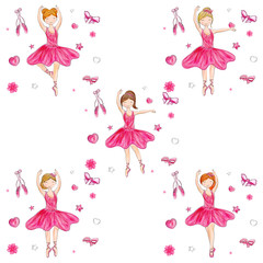 Cute ballerina girl in different hairstyle on doodle elements background.