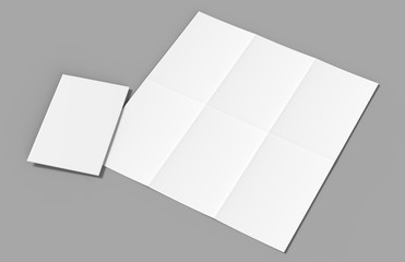 Half fold then tri fold brochure ready for your design. Blank white 3d render illustration.