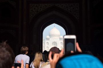 Taj Mahal scenic gate view in Agra, India.