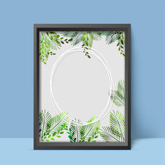 Elegant photo fame design with  water color green leaves.
