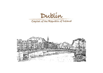 Fototapeta premium Hand drawn sketch of View of Mellows Bridge in Dublin - Ireland in vector illustration.