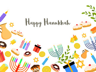 Jewish holiday Hanukkah with menorah (traditional Candelabra), donut and wooden dreidel (spinning top) and other elements.