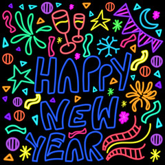 Glowing neon lights doodle pattern for New Year celebrations.