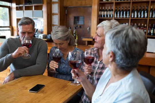 Group of senior friends having red wine