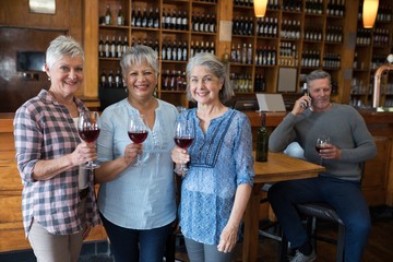 Female senior friends having red wine in restaurant