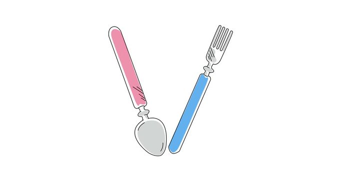 Alphabet kitchen Abc English letter V with hand drawn Fork Spoon Knife on white background. Animated concept for banner, card, billboard, app or web site. 2D cartoon animation in 4K.
