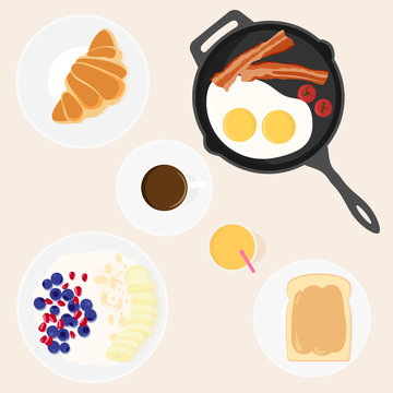 vector image of set of dishes for a traditional Breakfast - frying pan with bacon and eggs, toast with peanut butter, oatmeal with berries and fruit, juice, coffee, croissant.