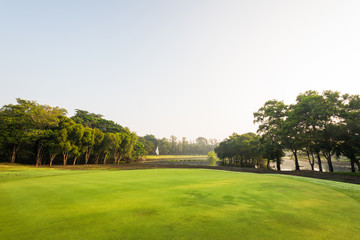 Scenery green golf  and meadow in morning, Beautiful grass field landscape and outdoor