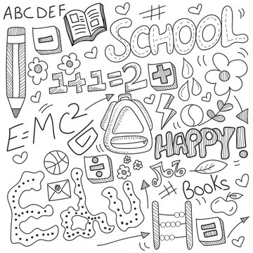 Back to School doodle, with black and white education sign, symbols and icons.