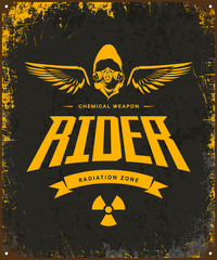Vintage toxic rider in gas mask vector logo isolated on dark background.
Premium quality radiation zone logotype t-shirt emblem illustration. Street wear superior warrior retro tee print design.